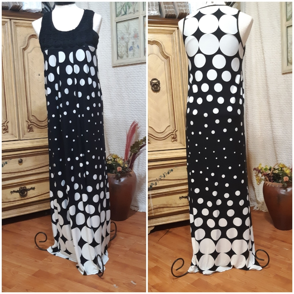 Long Black And White Gown Dress Circle Print By Vibe sz L Formal B9 Gorgeous